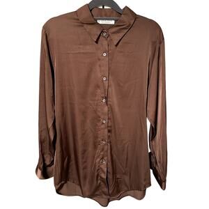NWOT Chocolate Brown Silky Button Down Collard Shirt - Size Large